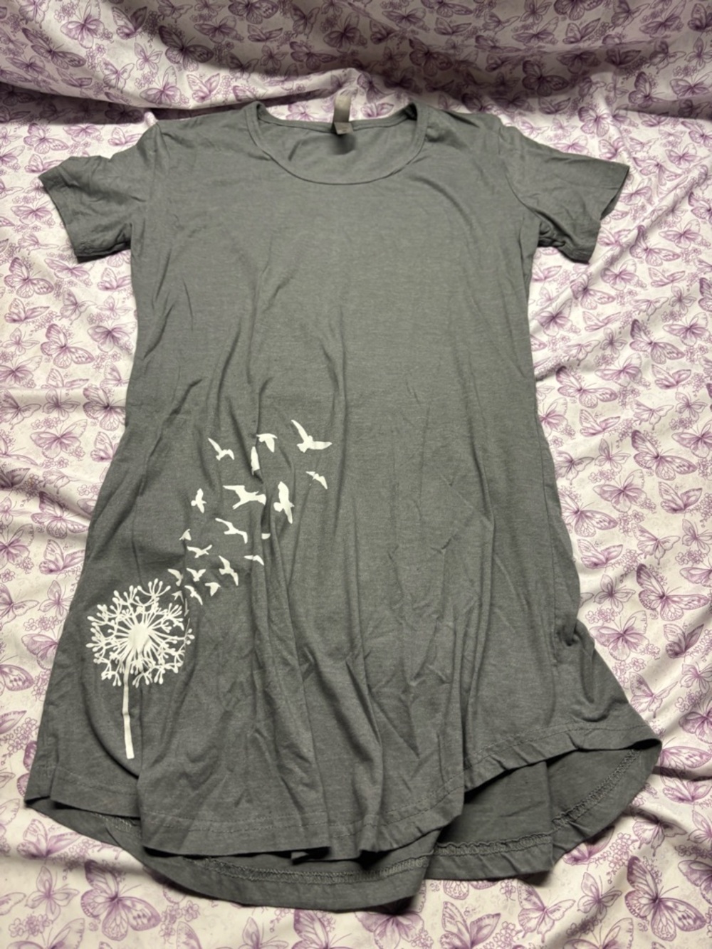 🍄Gray Midi Dress with Dandelion and Birds Graphic